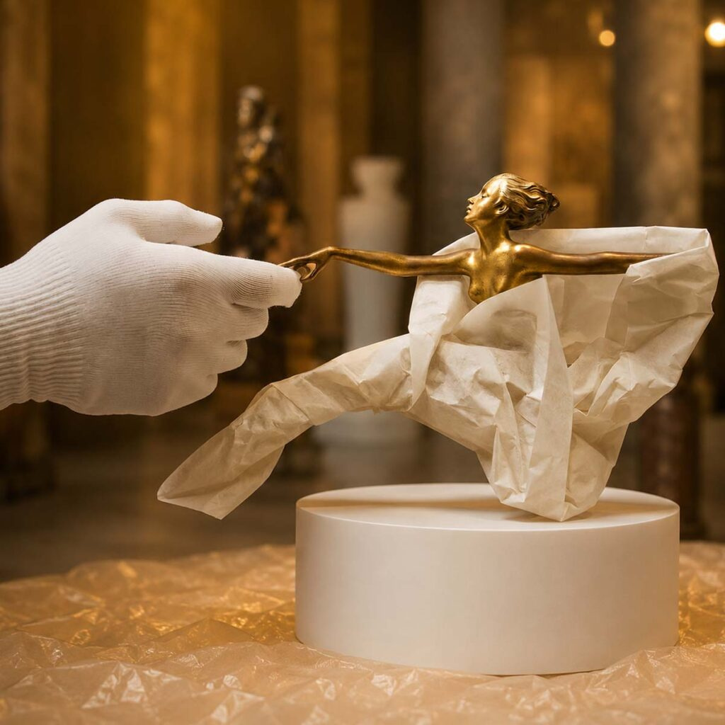 Goldene moderne Skulptur auf weißem Podest mit weißem Handschuh in warm beleuchtetem Atelier, Kunstobjekt mit Seidenpapier und unscharfem Hintergrund.