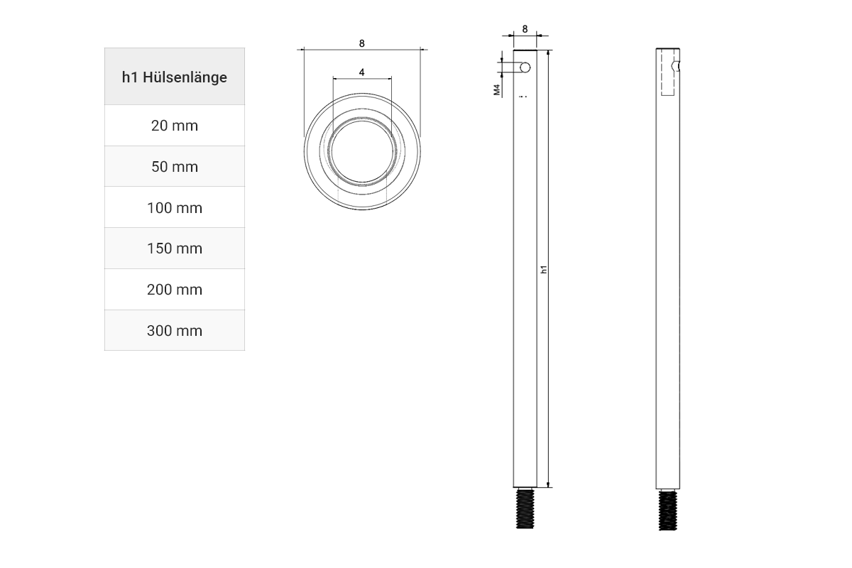 Technische Zeichnung der BASE Langhülse mit Maßtabelle der Hülsenlängen 20, 50, 100, 150, 200 und 300 mm, Durchmesser 8 mm